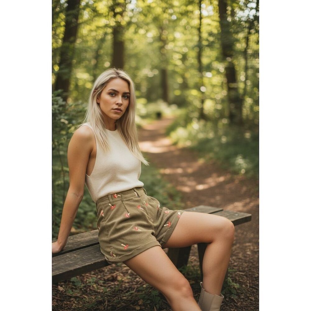 Women's XS Green Mushroom Embroidered Corduroy Shorts by Cider Cute & Trendy
